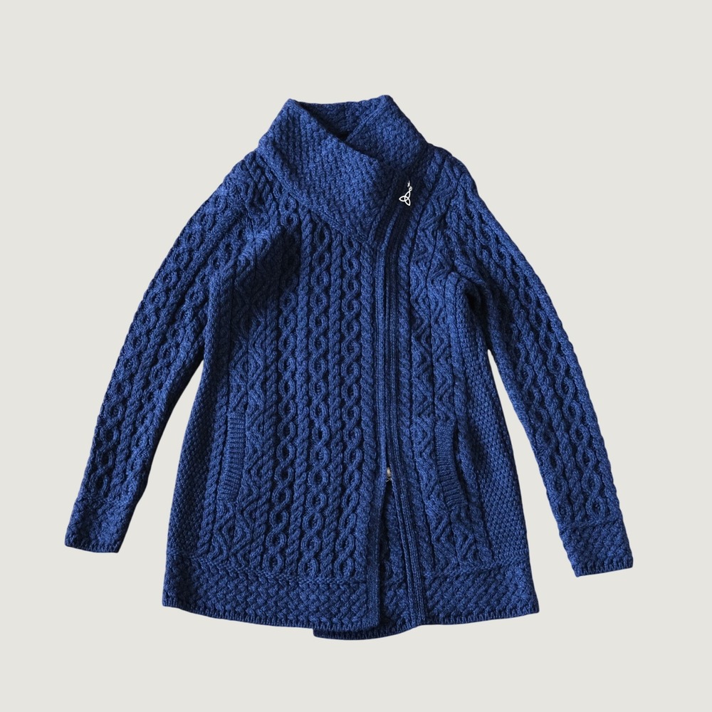Aran Crafts Athenry Coat Asymmetric Zip Cable Knit Navy Merino Wool Sweater M